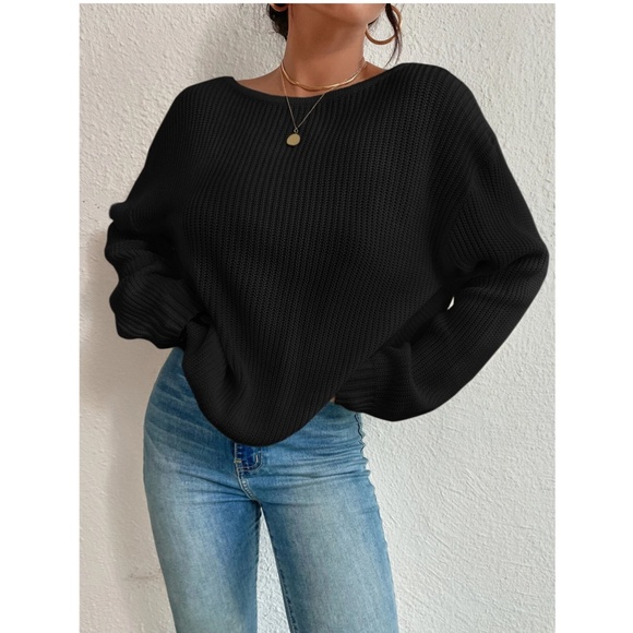 Black Backless Pearl Detail Oversized Knit Sweater Twisted Back Long Sleeve - Picture 5 of 7